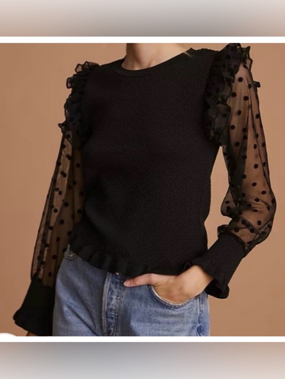 Black Polka Dot Mesh Sleeve Ruffle Knit Top Maeve